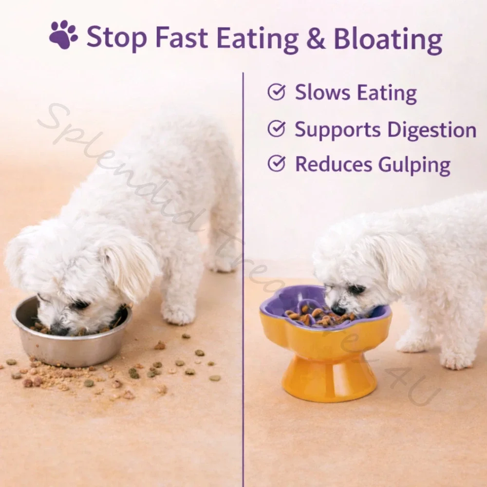 Raised Slow Feeder Dog Cat Food Bowl for Small Pets Purple Tilted Ceramic Dish